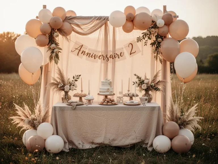 Table basse basse avec une nappe simple, quelques assiettes en carton kraft, un petit gâteau à étage décoré sobrement et des jouets en bois autour