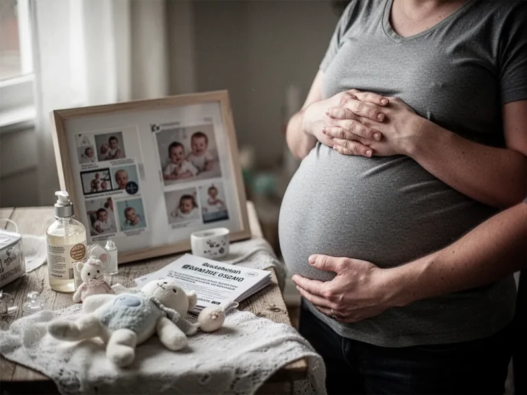 Boîte cadeau ouverte avec une photo d’échographie, une petite carte et des chaussons de bébé posés sur une table