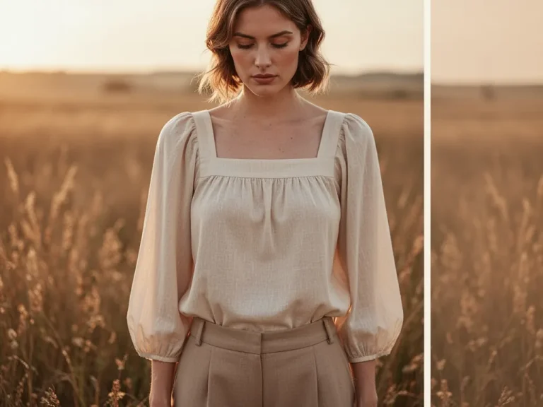 Femme dans un intérieur lumineux portant une blouse blanche à encolure carrée, manches trois-quarts et tissu légèrement structuré