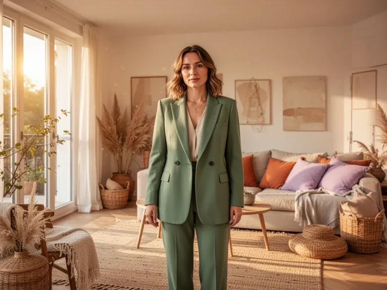 Femme debout près d'une fenêtre portant un blazer beige sur un jean, lumière douce du matin
