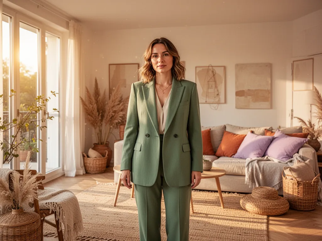 Femme debout près d'une fenêtre portant un blazer beige sur un jean, lumière douce du matin