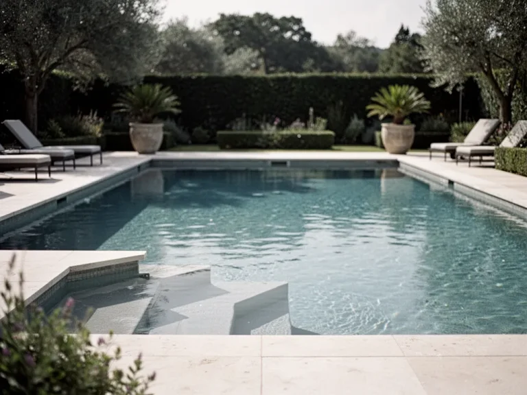 Piscine extérieure rectangulaire bordée d’une terrasse en bois clair, avec transats blancs, plantes en pot et éclairage doux au crépuscule