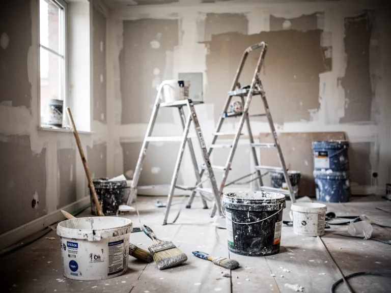Un rouleau de peinture blanche, un bac et un mur intérieur en cours de rénovation dans une pièce lumineuse