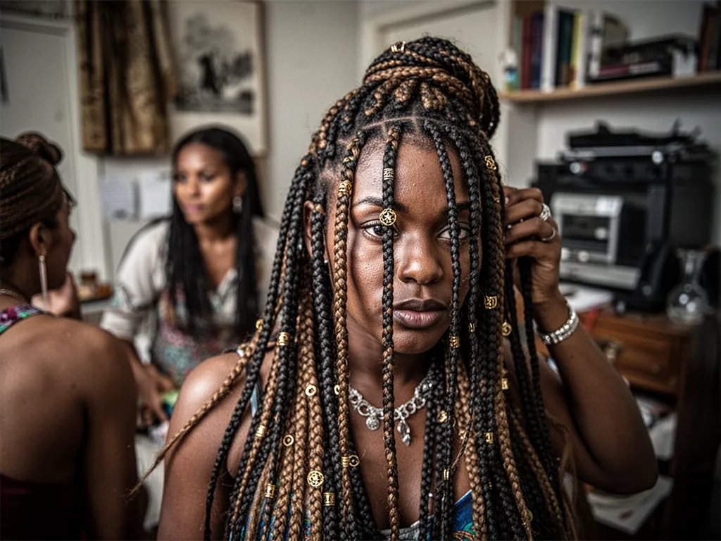 Vue rapprochée de tresses africaines serrées, décorées de perles et d'anneaux dorés