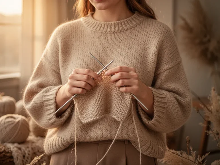 Mains d'une personne tricotant un pull en laine beige avec des aiguilles circulaires en bois sur une table en chêne