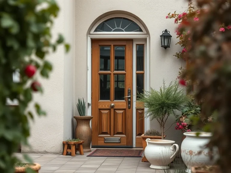 Allée pavée menant à une porte d'entrée en bois, bordée de lavandes et de graminées sous une lumière de fin d'après-midi