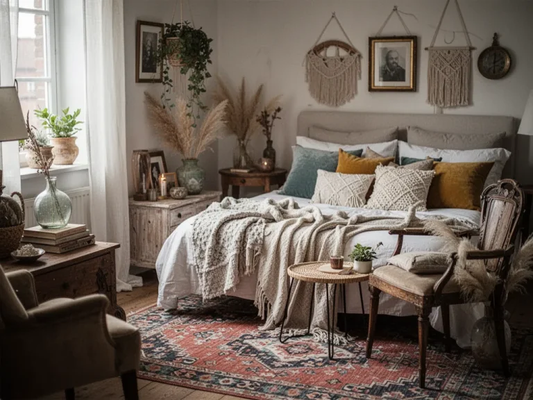 Chambre baignée de lumière avec un lit en rotin, des coussins en lin froissé et un mur en enduit texturé beige rosé, des plantes vertes tombantes et un tapis berbère.