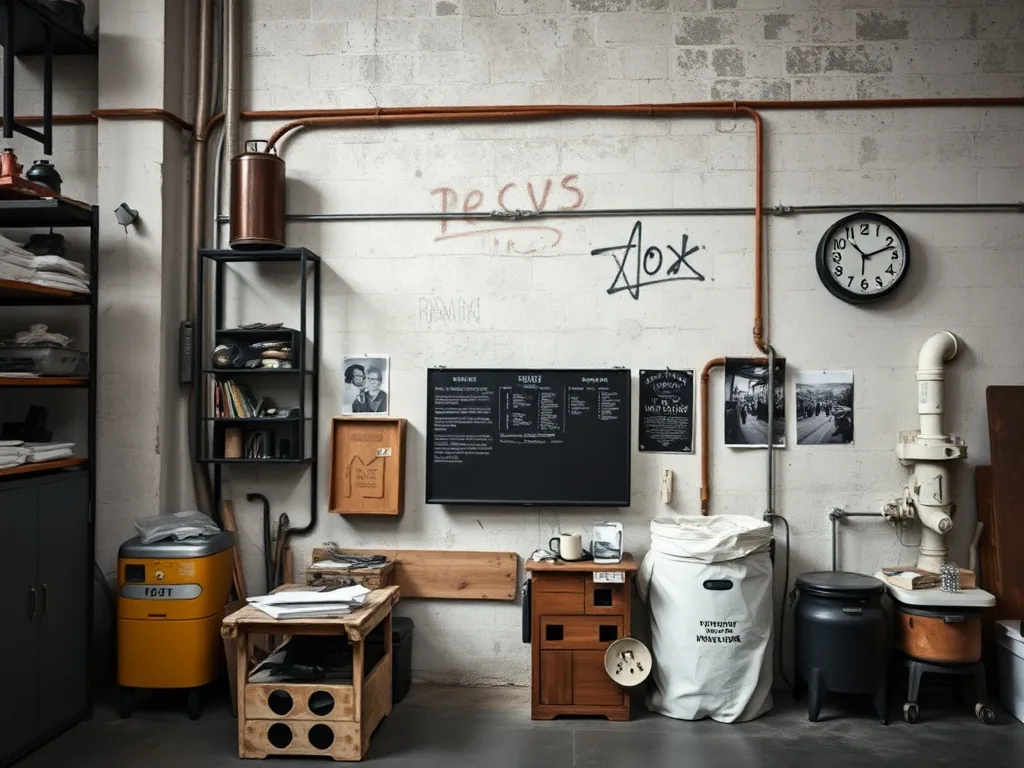 Mur de briques apparentes décoré d'un tableau street art coloré encadré de métal noir, avec une étagère en bois brut et une horloge vintage