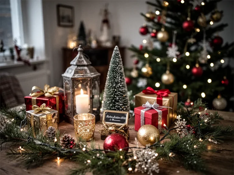 Bureau lumineux aux teintes chaudes avec un sapin décoré de boules dorées, guirlandes végétales suspendues et lumière tamisée, invitant à une ambiance de travail conviviale