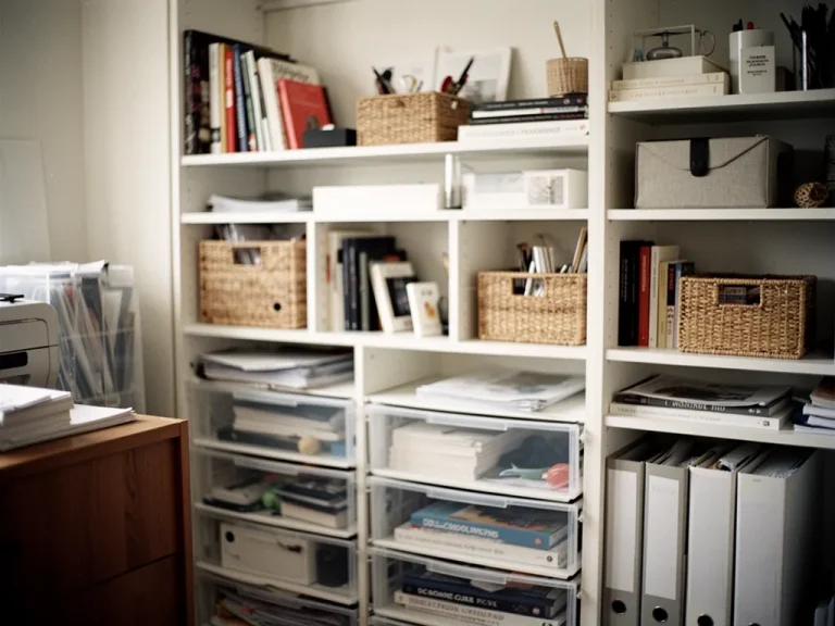 Salon lumineux avec paniers de rangement, étagères sobres et objets du quotidien bien triés